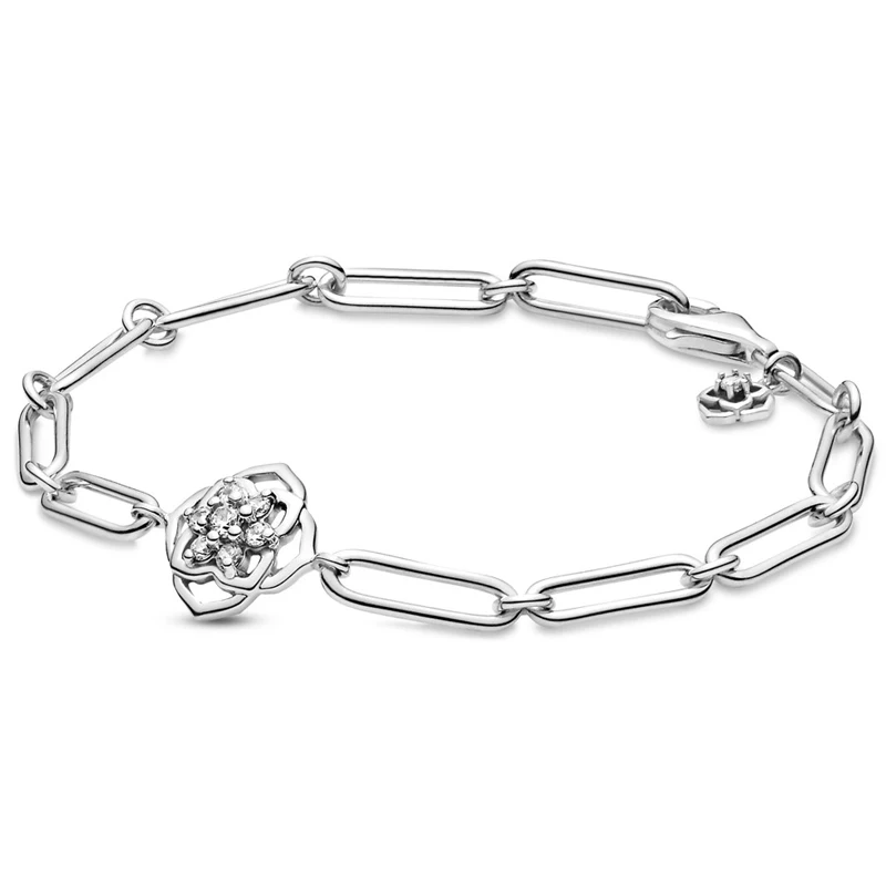 Open Flower Petal Link Chain &amp Stones With Crystal Bracelet 925 Sterling Silver Bangle Fit Pandora Bead Charm Diy Jewelry | Украшения и
