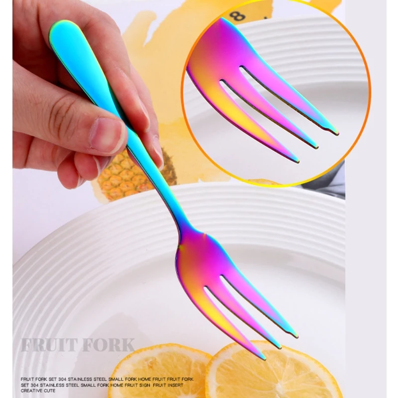 

1Pc Dessert Pastry Fork Multicolor Rainbow Stainless Steel Cake Fruits Salad Appetizer Notched Small Fork for Snack Cutlery H051