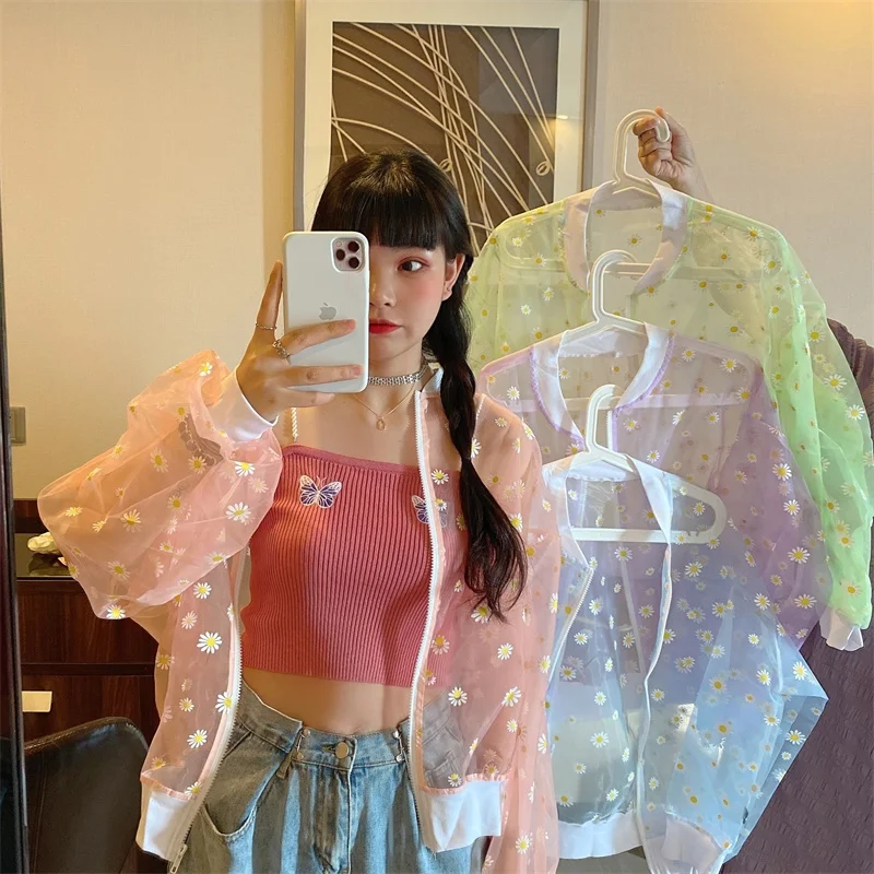 

2020 Korean Style Sunscreen Women Jacket Long Sleeve Casual Sunscreen Jacket Bomber Jacket Loose Flower Printed Thin Jacket
