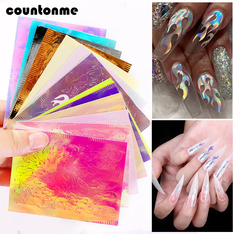 16 листов голографическая наклейка для ногтей 3D полый огонь пламя наклейки