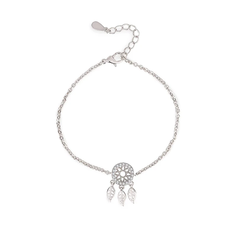 

925 Sterling Silver Zircon Dreamcatcher Feather Pretty Bracelet Fine Jewelry For Women Girls Party Accessories sl193