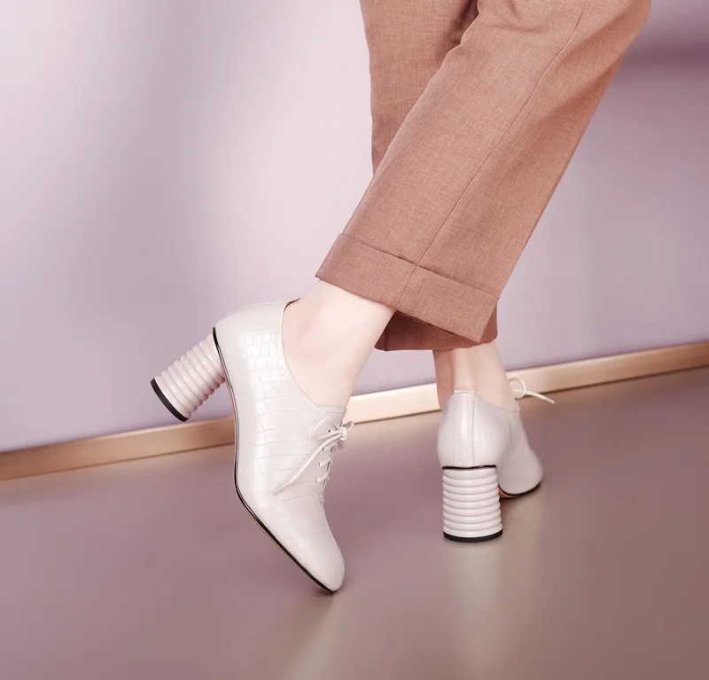 

MORAZORA Plus Size 34-41 Genuine Leather Women Shoes High Heels Lace Up Round Toe Fashion Ladies Office Dress Shoes