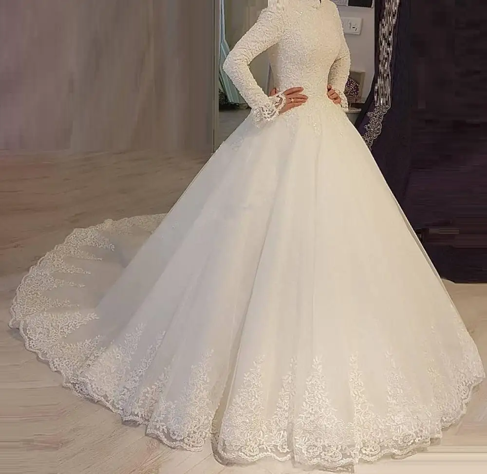 2021 White Arabic Muslim Wedding Dresses Princess High Neck Long Sleeves Lace Appliques Bridal Dresses Robe De Mariage