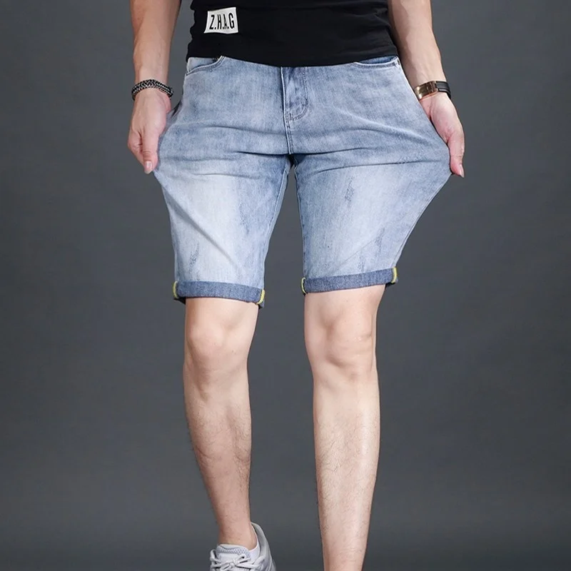 

Summer Men Denim Shorts Casual Slim Fit Straight Knee Length Jean Bermuda Trousers Washed Stretchy Cowboy Holiday Beach Shorts