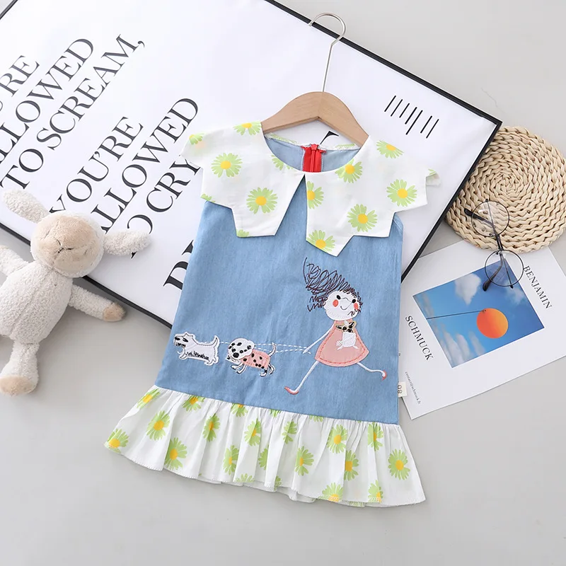 

New Children Cotton Summer Baby Girl Clothes Flowers Printed Denim Dress One Piece Infant Outfit Kids Fashion Toddler Tracksuits