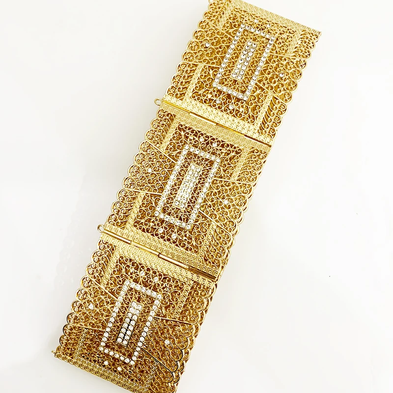 Shiny Aristocrat Rectangular Full Crystal Gold Belt with Moroccan Style Adjusted Length Body Jewelry Waist Chain