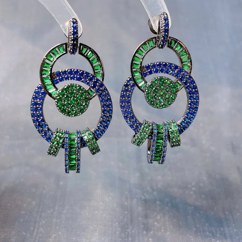 

Bilincolor Vintage Zircon Blue and Green Round Circle Drop Earring for Women