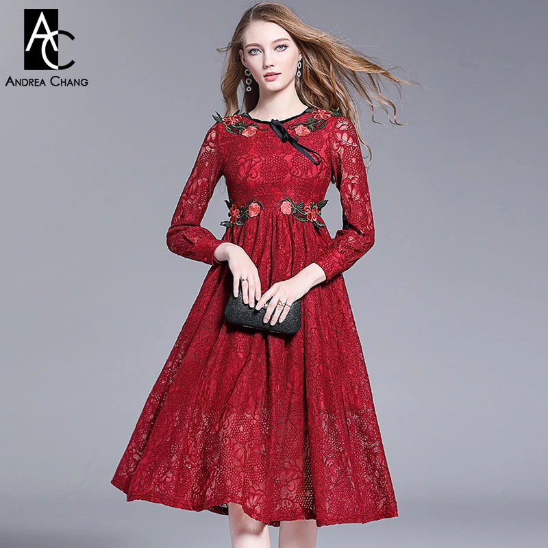 Женское винтажное платье до середины икры бордовое темно-Красное Кружевное