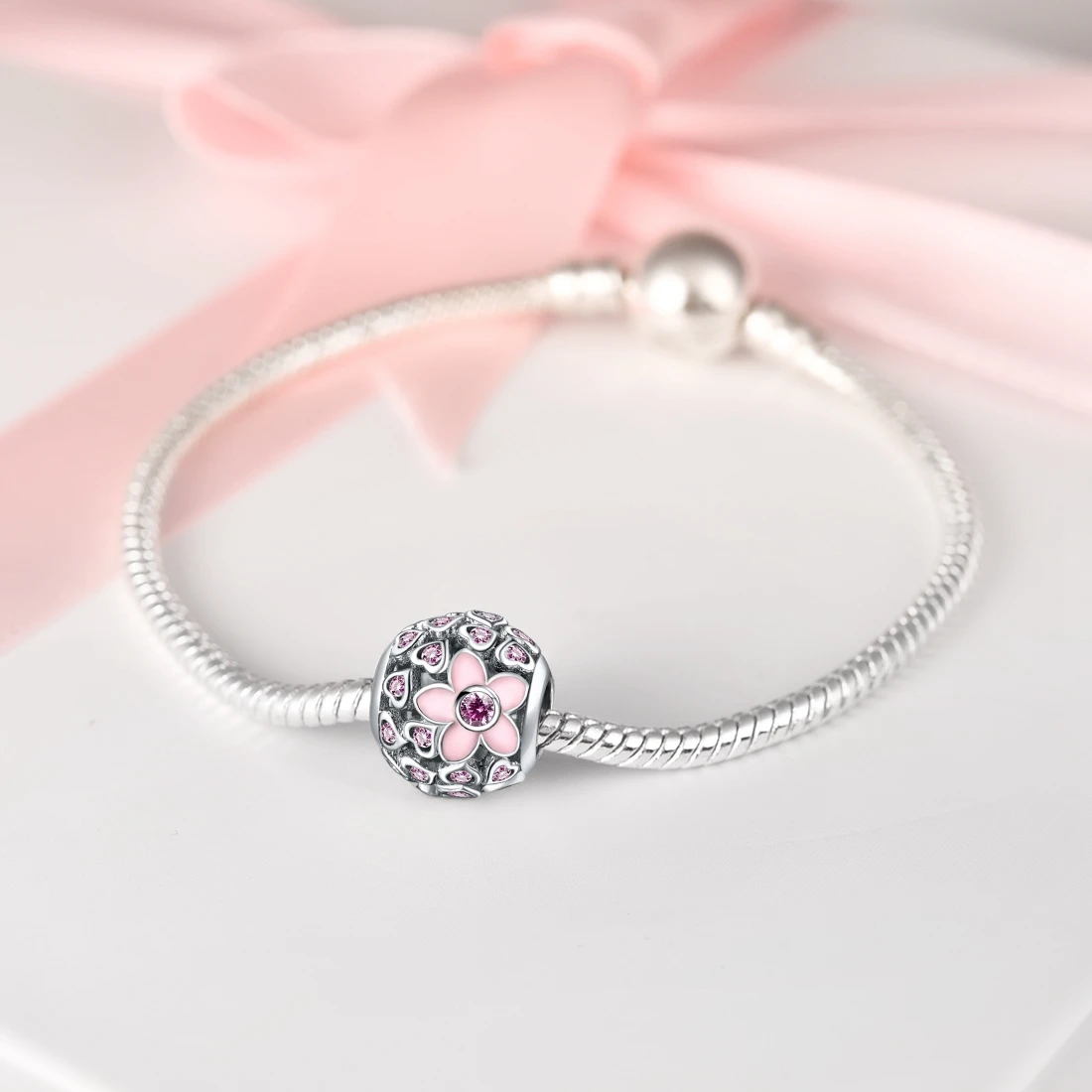 Женский браслет из серебра 925 пробы с розовым фианитом|Бусины| |