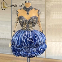 blue long sleeves short prom dresses 2021 illusion o neckline ruffles beading mini party gowns vestidos de fiesta custom made