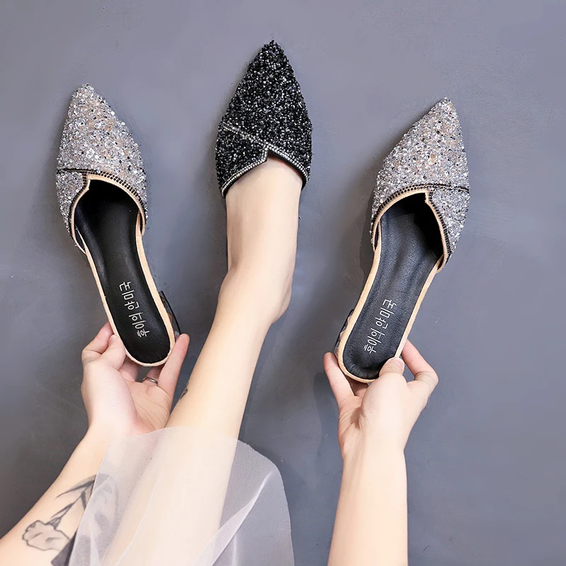 

Female Shoes Slippers Flat Mules For Women 2021 Low Luxury Slides Loafers Cover Toe New Designer Soft Pointed Rubber PU Basic