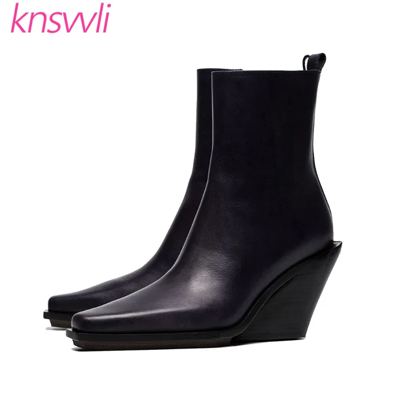 Knsvvli/Новинка Черные ботильоны на танкетке Женские ботинки в западном стиле с