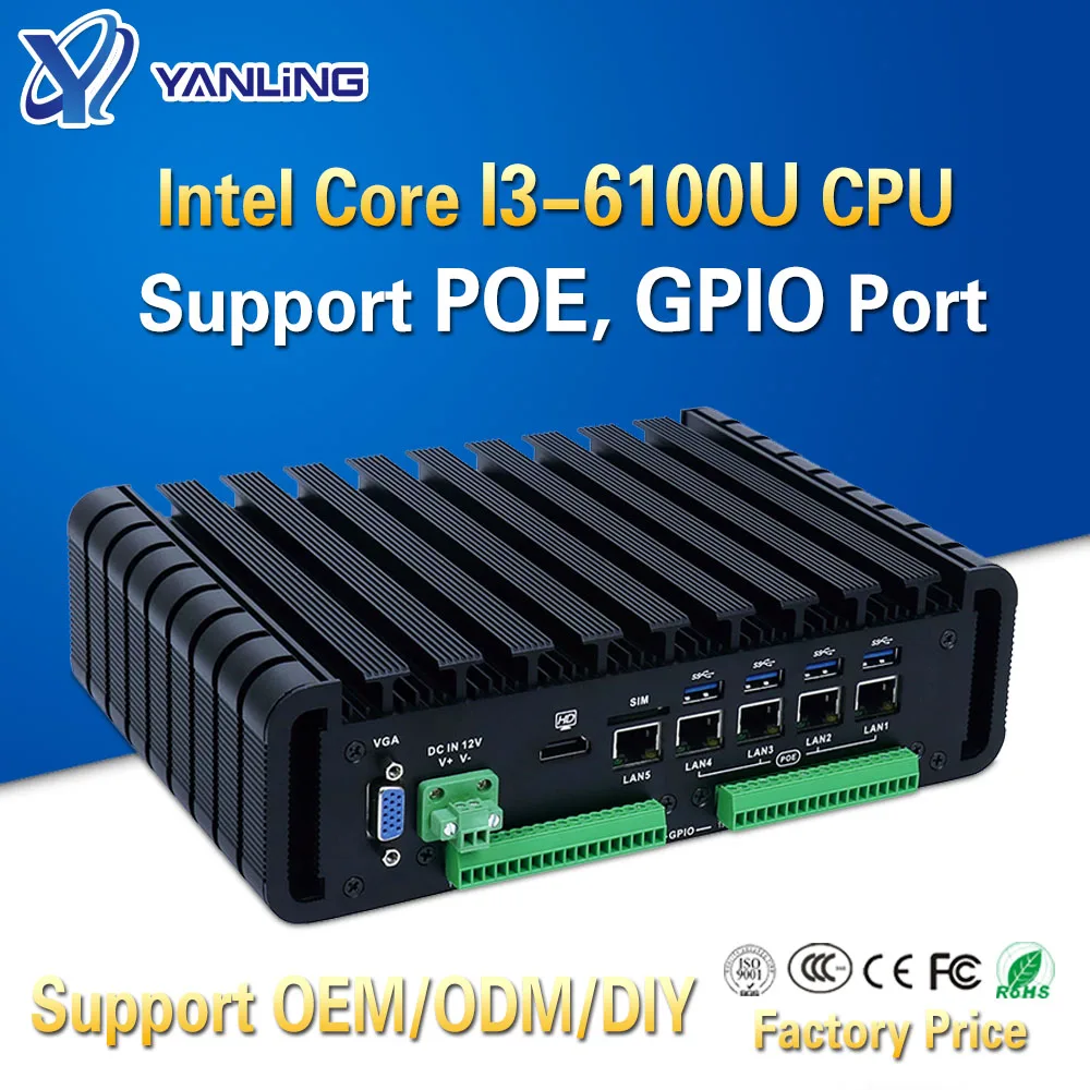 Yanling Latest Industrial Computer Skylake I3-6100U Dual Core 5 Intel Lan X86 Single Board Terminales PC Support GPIO POE Port