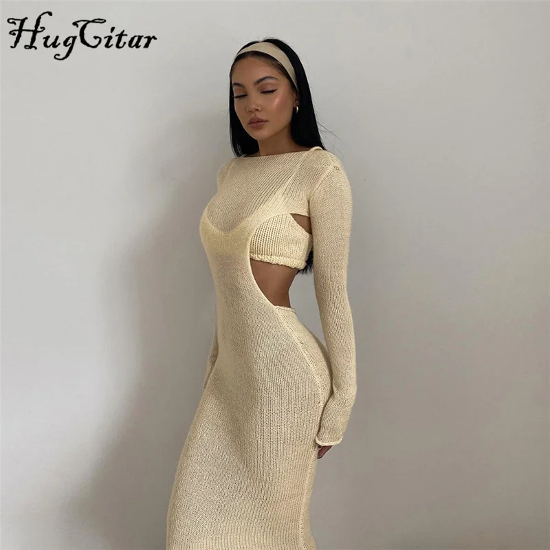 Женский короткий топ без рукавов Hugcitar осенний трикотажный прозрачный платье