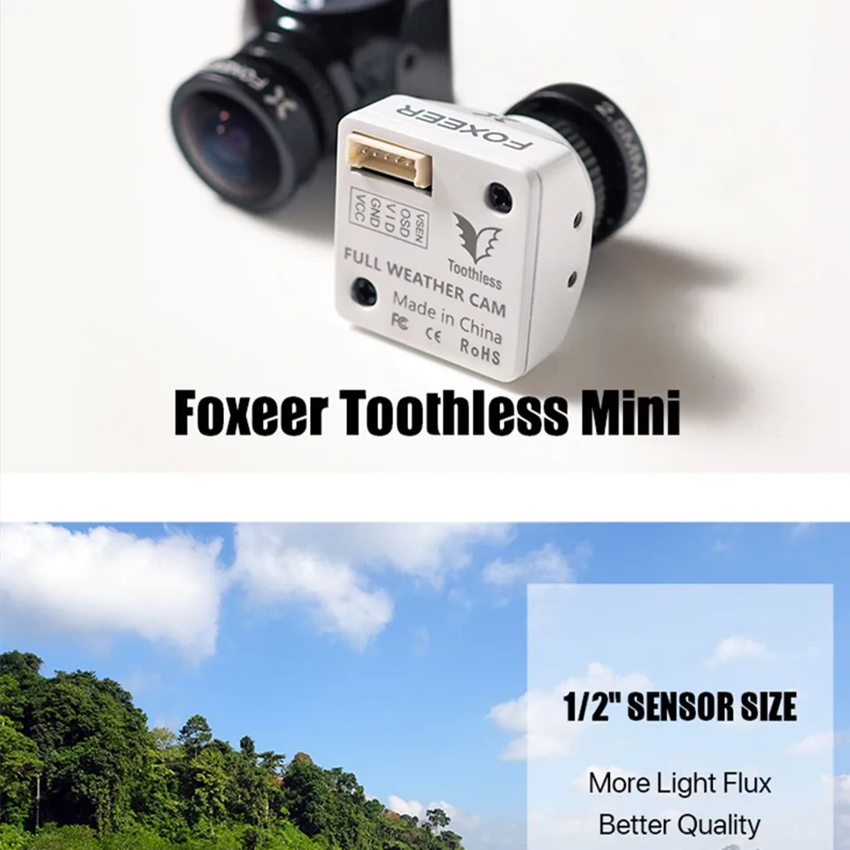 

Foxeer Toothless Mini All-weather Camera CMOS 1/2 2.1mm Lens 1200TVL PAL NTSC 4:3 16:9 OSD Menu Remote Control w F405 F722 FC