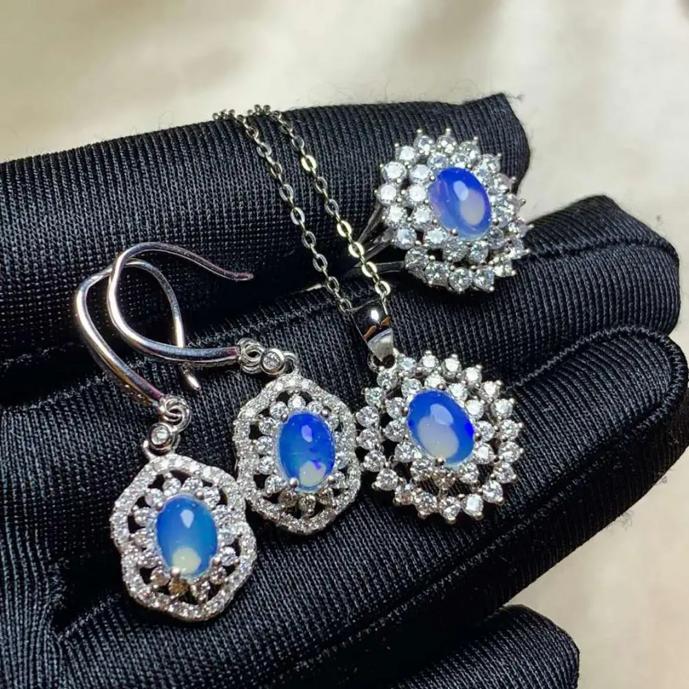 

Natural Opal Gemstone Earrings Ring Necklace Set Real 925 Sterling Silver Fine Fashion Jewelry for Women 【FS Jewelry】