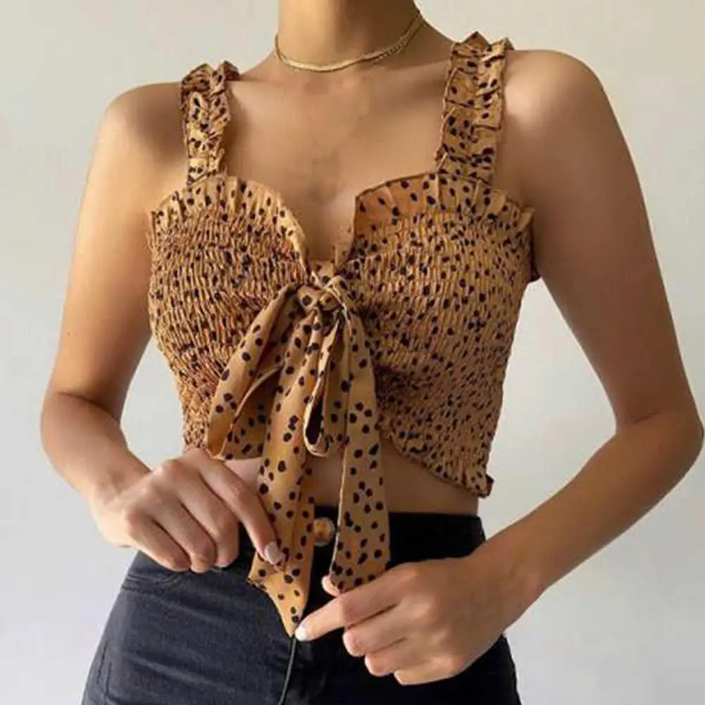

Polka Dot Ruffles Strap Vest Summer Sexy Open Front Tie Up Tank Tops Women Lace Frill Tube Crop Tops Chic Lady Bowknot Tank