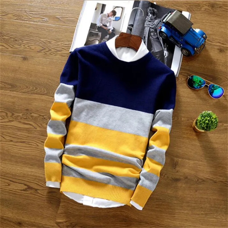 

Men's autumn fashion casual crochet stripe color block thin knit sweater pullover sweater men's jersey clothes