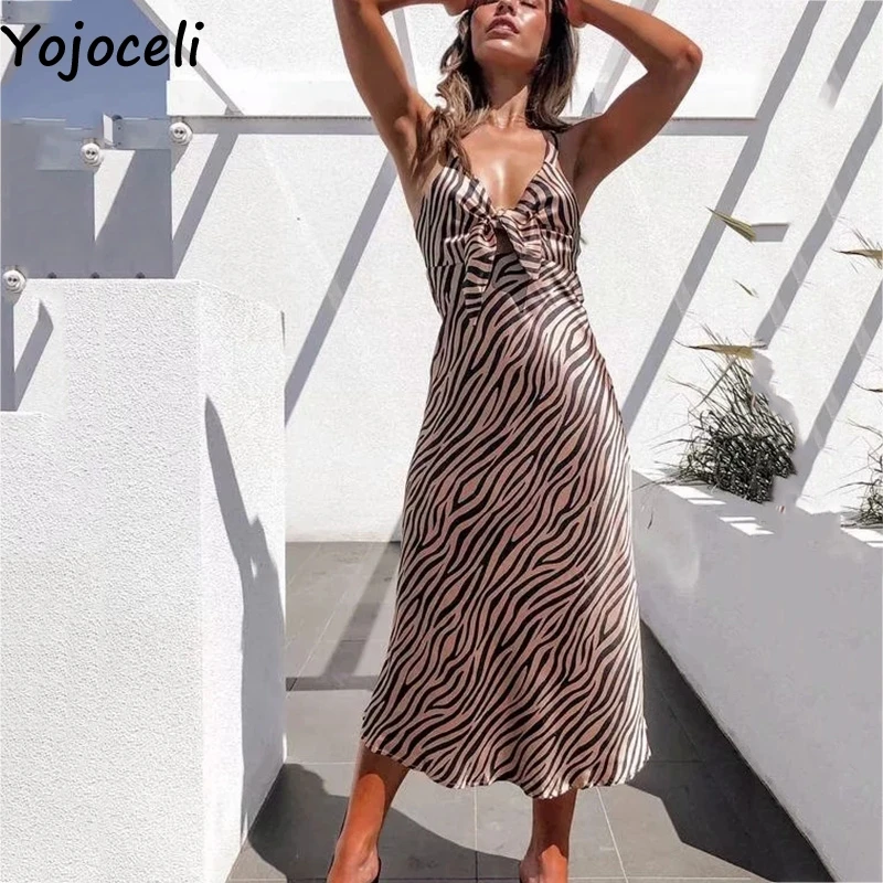 Сексуальное атласное платье Yojoceli с бантом на бретельках принтом зебры летнее
