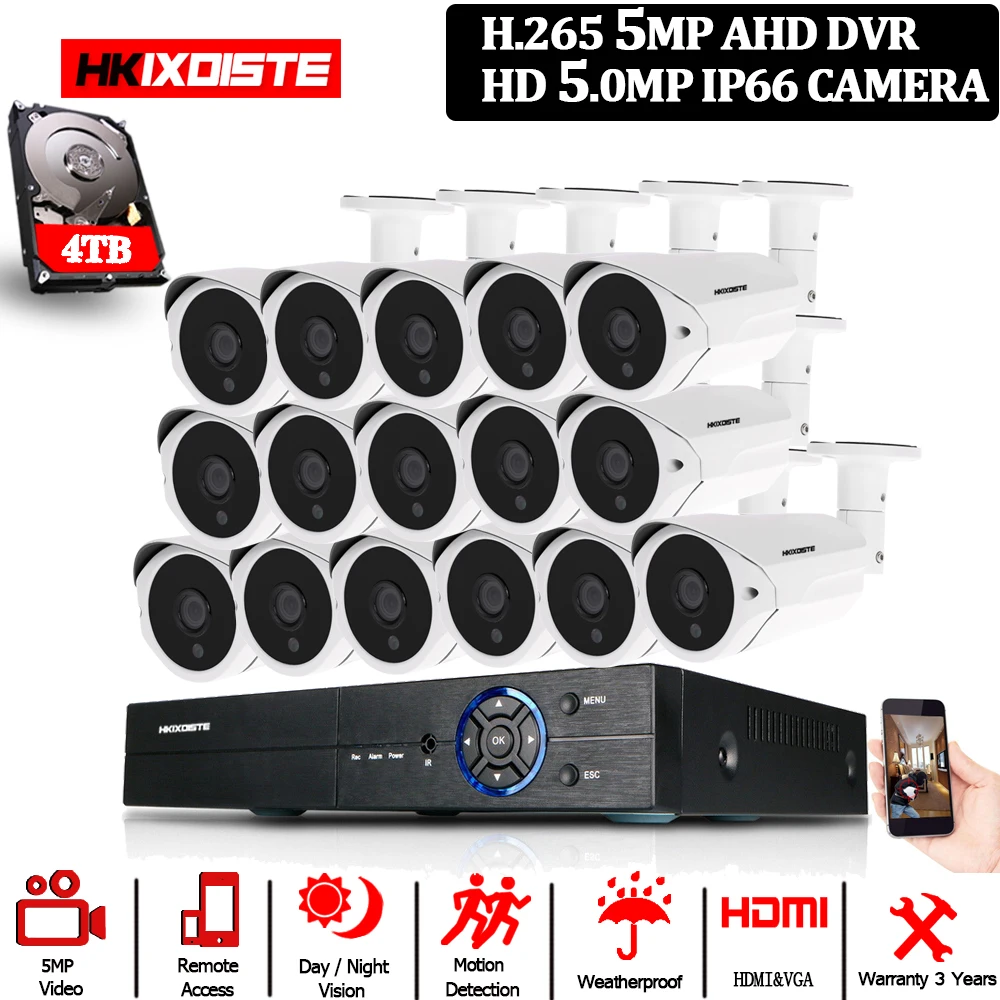 H.265 5MP 16CH AHD DVR Kit Onvif 16Pcs 5.0MP CCTV System аналоговая камера для безопасности Full HD In/outdoor Video