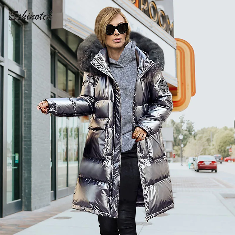Schinotch Women Padded Jacket Glossy Thick Winter Warm X-long Coat Faux Fur Collar Outwear Ladies Clothes
