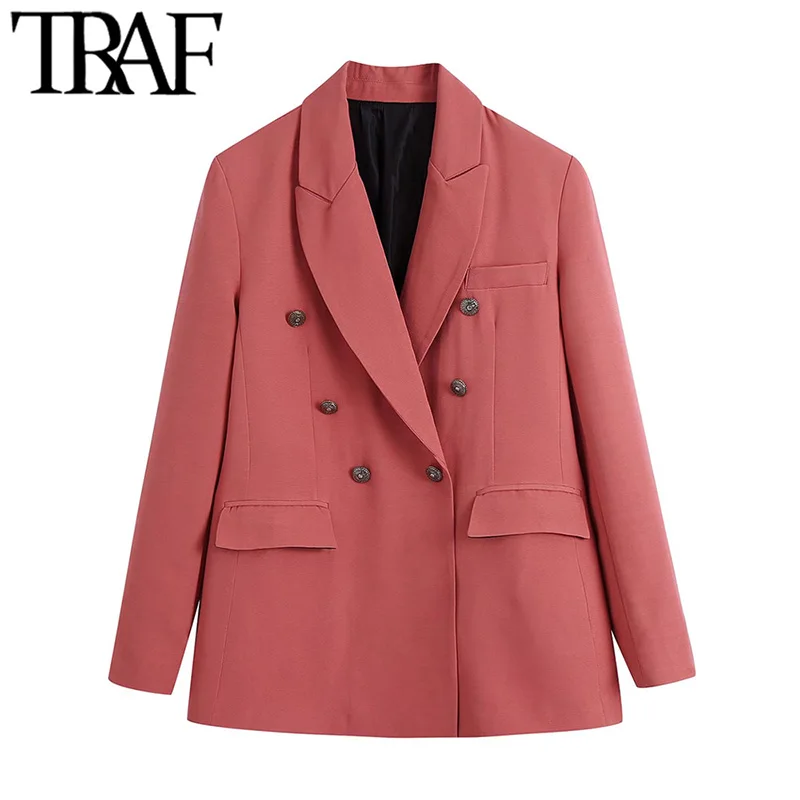 

TRAF Women Fashion Double Breasted Office Wear Blazer Coat Vintage Long Sleeve Flap Pockets Female Outerwear Chic Tops