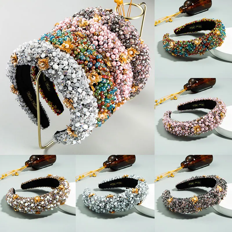 

Luxury Baroque Full Crystal Padded Headband For Women Thick Sponge Velvet Hair Hoop Alloy Rose Flower Head Hoop Hair Accessories