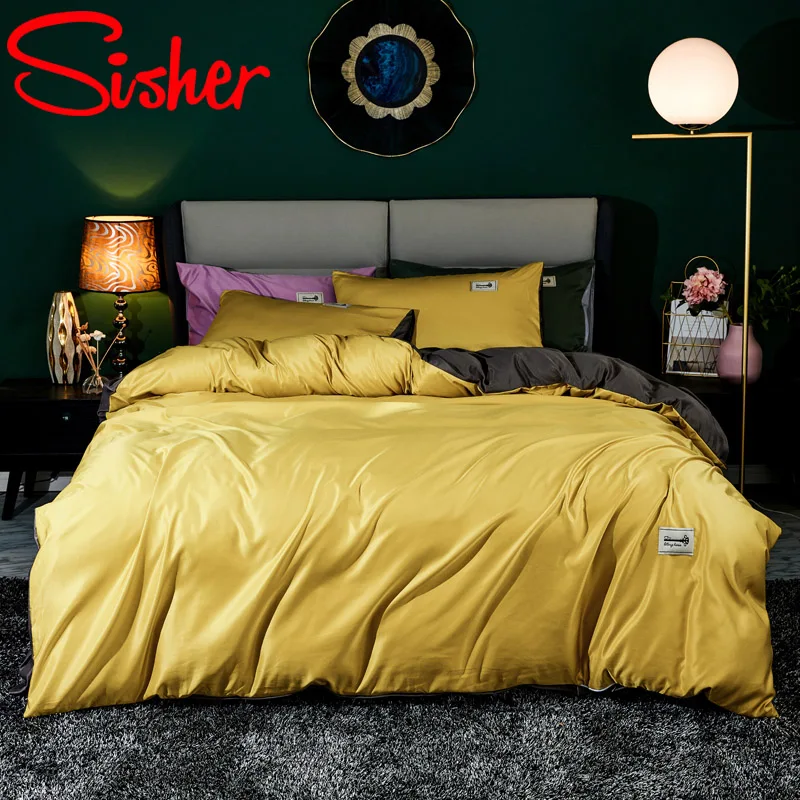 

Soild Color Duvet Cover Sets Washed Silk Bedding Set Nordic Brief Quilt Covers with Mattress Cover Fitted Bed Sheet Bedclothes