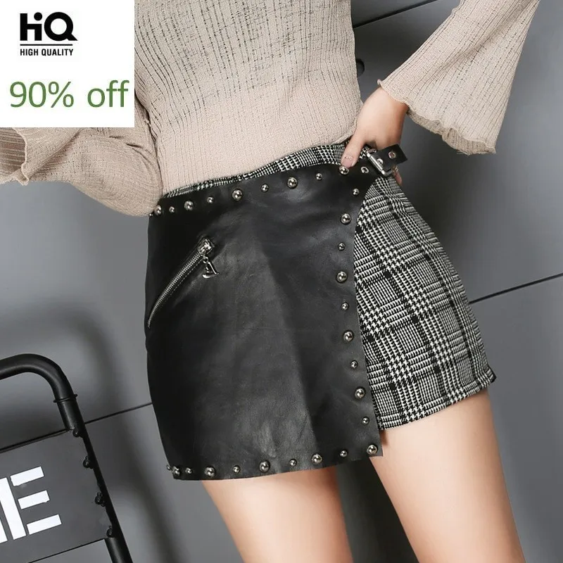 Корейская Новая мода женские шорты юбки весна 2020 натуральная кожа заклепки