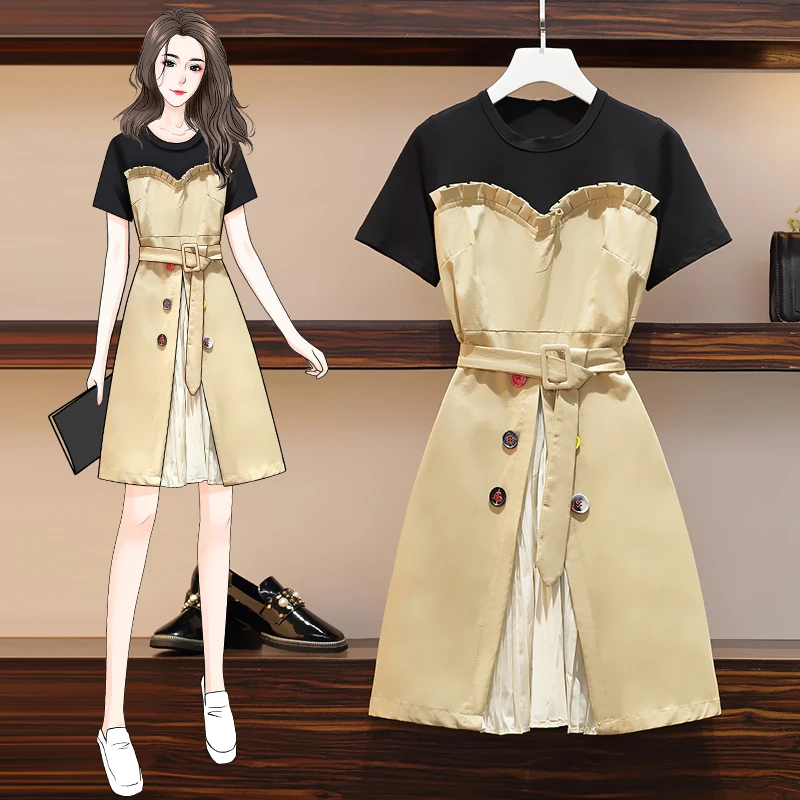 

4XL Plus Size Women Cotton Dress Summer 2021 Fashion Short Sleeve Tshirt Patchwork Fake Two Piece Chiffon Pleated Shirt Dresses