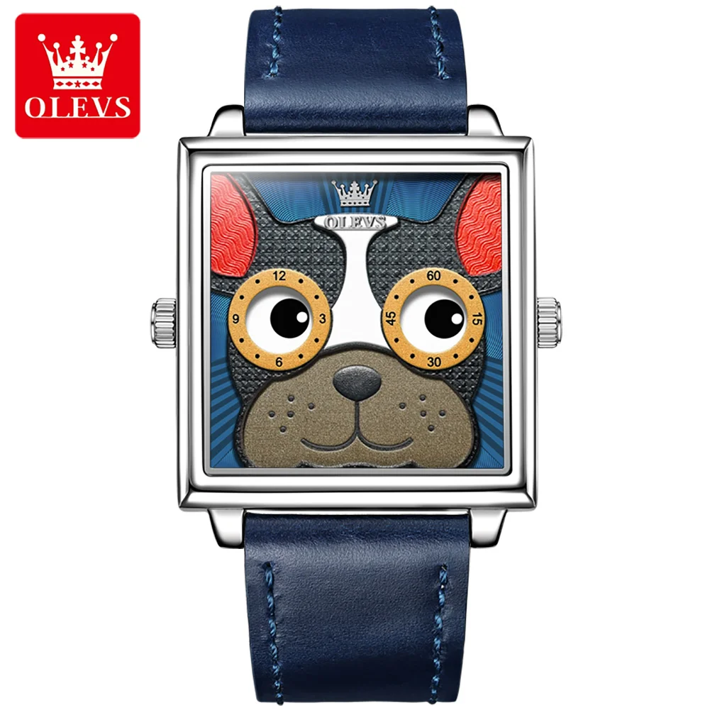 

OLEVS Fashion Design Pug Dial Watch Men Leather Top Brand Luxury Neutral Quartz Watches Waterproof Reloj Hombre 2023