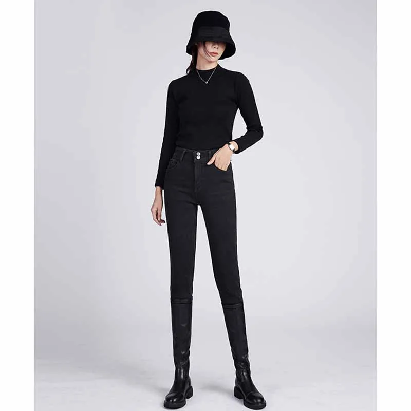 

Tight thick fleece small foot pants female autumn winter new style show slim slim high waist black add fleece jeans female ZC955