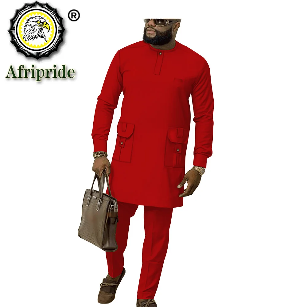 African Traditional Clothing Set for Men Dashiki Long Coats and Pants Suit Tribal Outfits Plus Size Outwear Pockets S2016036