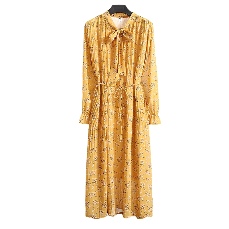 

Women Chiffon Dress 2020 Spring Autumn Female Vintage Long Sleeve Casual Printed Floral A-line Pleated Dresses Loose Vestidos