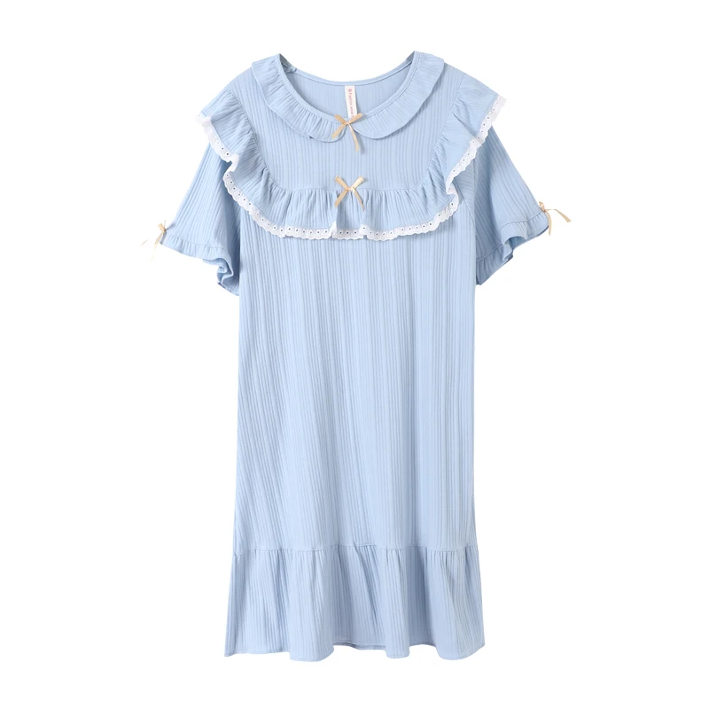 

Nightgown Women Lace Ruffles Princess Vintage Palace Style Bow Solid Color Round Neck Summer Pure Cotton Knitted Home Clothes