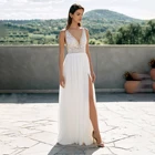 Шифоновые Свадебные платья-трапеции Roycebridal, с V-образным вырезом, без рукавов, с открытой спиной и высоким разрезом, кружевные пляжные свадебные платья в стиле бохо, 2022