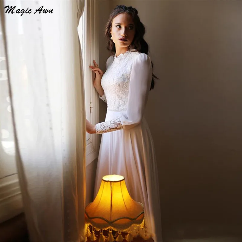 Фото Женское шифоновое свадебное платье Magic Awn, изящное платье с длинными рукавами и кружевной аппликацией, с круглым вырезом, пляжное платье невесты по индивидуальному заказу №3