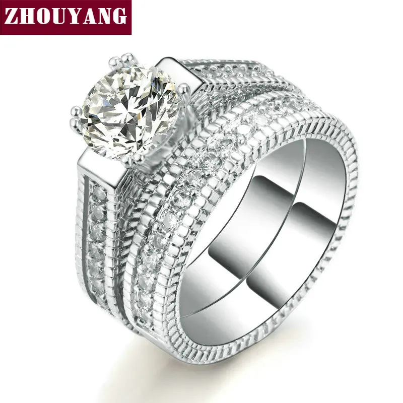 ZHOUYANG обручальное кольцо набор для женщин роскошный фианит 2 круга Bijoux серебряный
