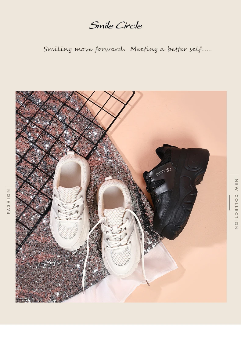 Smile Circle Genuine Leather Sneakers Women Flat Platform Shoes Autumn Breathable mesh women Thick bottom shoes