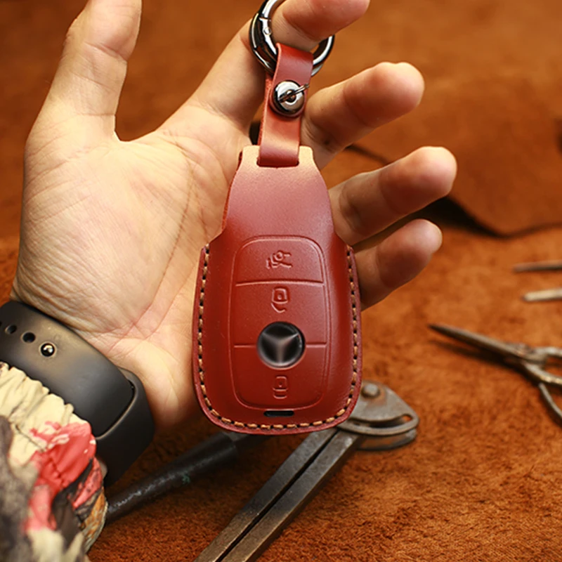 Handmade Well-made Car Key Case Suitable for Mercedes-Benz Retro Crazy Horse Leather Keychain Leather Case