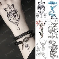 waterproof temporary tattoo sticker three eyed cat tiger deer linear geometric black tatoo hand small flash tato man woman child