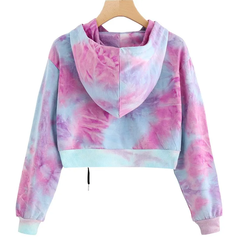 

2020 New Fashion Kpop Style Sweatshirts Moleton Tie Dye Hoodies Women Crop Top Hoodie Streetwear Korean Crop Top for Female