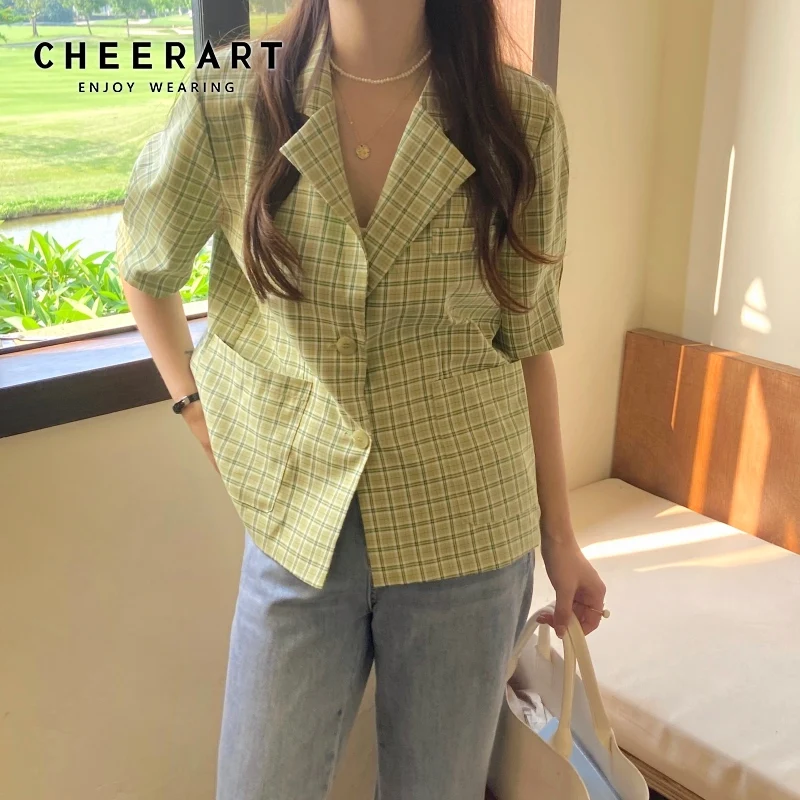 

CHEERART летний клетчатый блейзер с коротким рукавом для женщин корейская мода Повседневный костюм куртка зеленый синий Корейский Блейзер 2021 о...