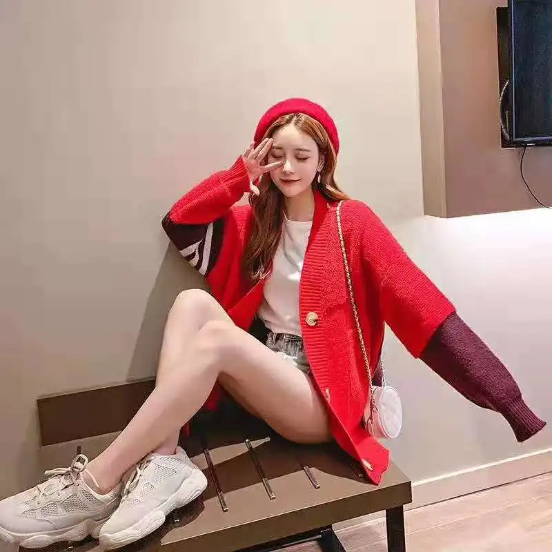 Женский Повседневный вязаный кардиган с v-образным вырезом и буквенным принтом