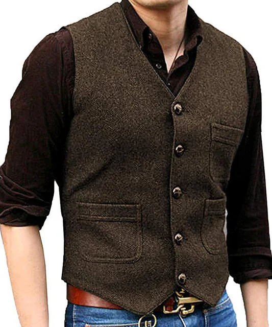 

Men's Suit V Neck Wool Herringbone Tweed Casual Waistcoat Formal Business Vest Groom man For Wedding Green/Black/Brown