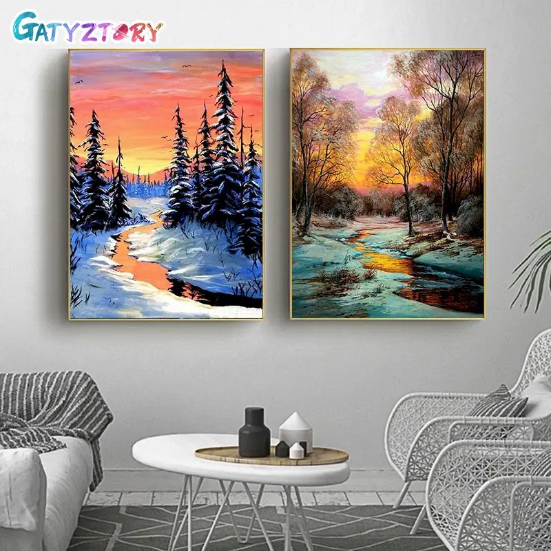 

GATYZTORY 60x75CM Frame Painting By Numbers Snow Landscape Number Painting For Hone Decor ON Canvas Painting For Wall Art