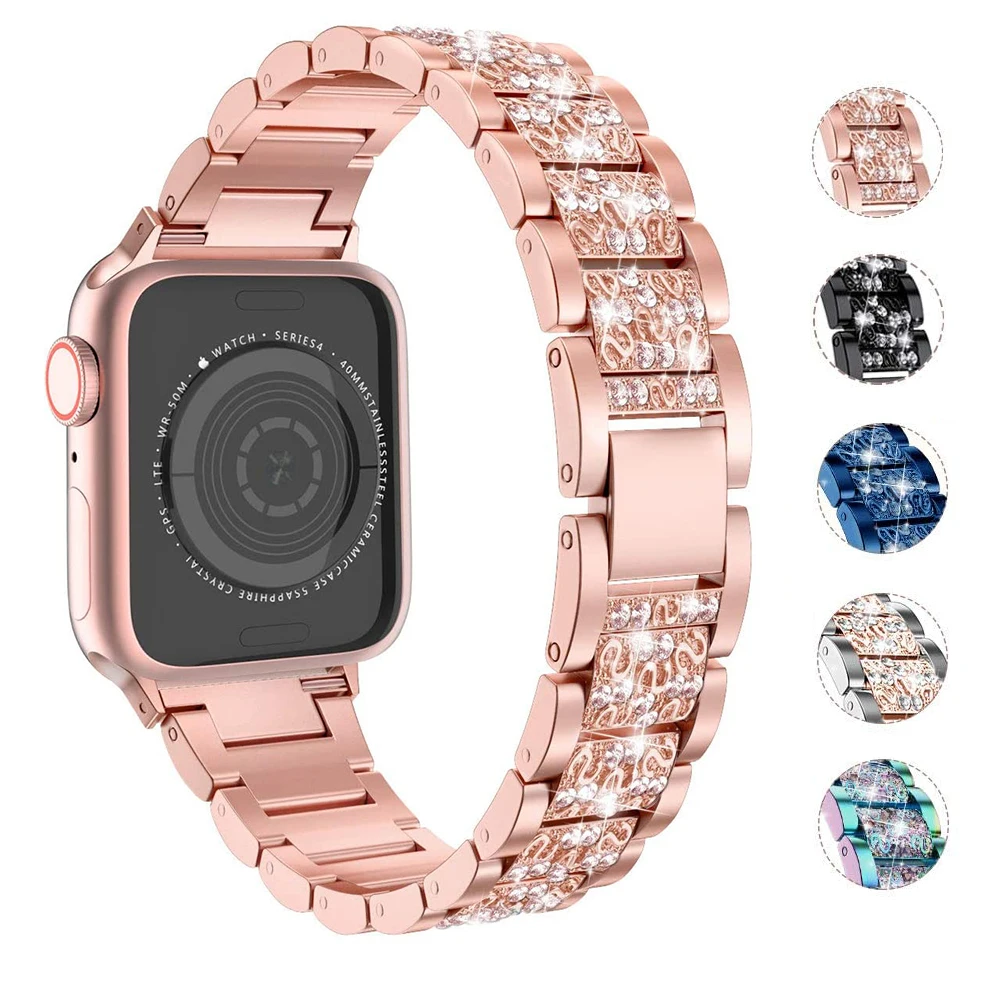 Браслет для Apple Watch Band 40 мм 44 38 42 браслет из нержавеющей стали со стразами SE series 6 5 4 3