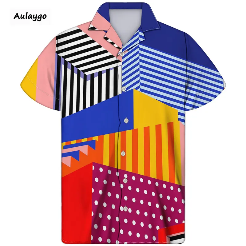 Man Cuban Shirt Stitching Pattern Streetwear Summer Cloth Short Sleeved Turn-down Collar 2020 Thin And Breathable Men's Shirts | Мужская