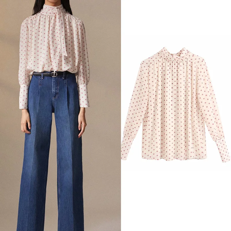 Женская блузка с бантом бежевая повседневная офисная длинным рукавом и принтом в