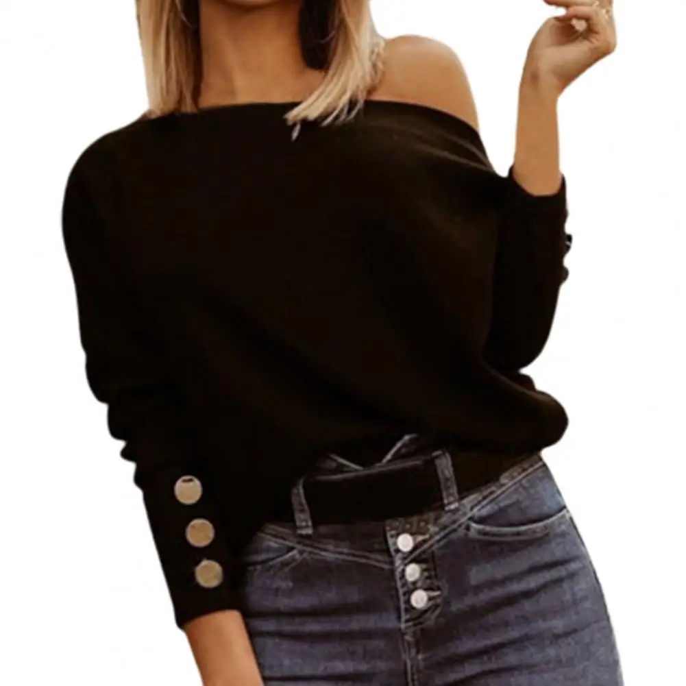 

Loose Women Shirt Button Design One Shoulder Solid Color Spring Autumn Casual Office Lady Shirts